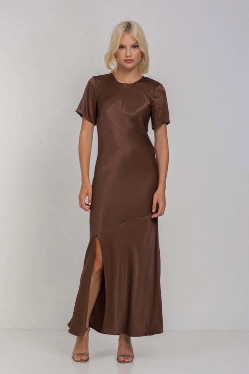 Shop Falling In Love Chocolate SS Satin Maxi Dress | Flo & Frankie Shop Falling In Love Chocolate SS Satin Maxi Dress | Flo & Frankie
