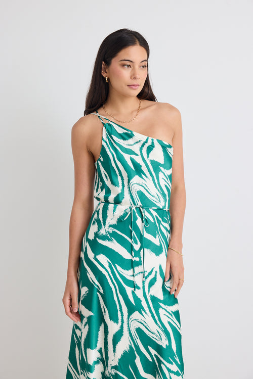 model wears zebra print green satin midi dress