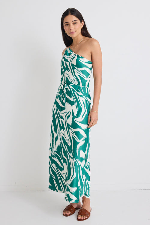 model wears zebra print green satin midi dress