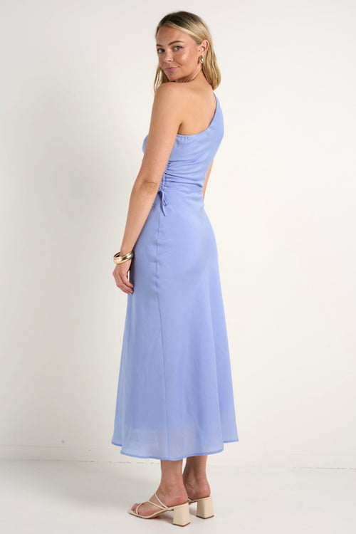 model wears a blue one shoulder midi dress