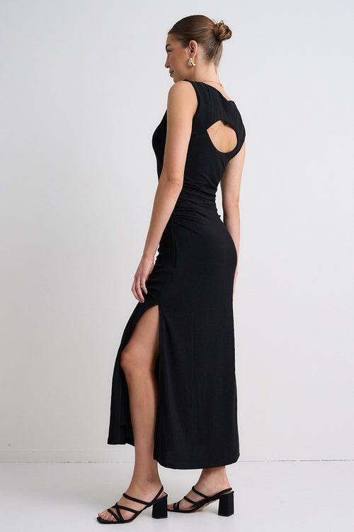 model wears a Black Shimmer Maxi Dress