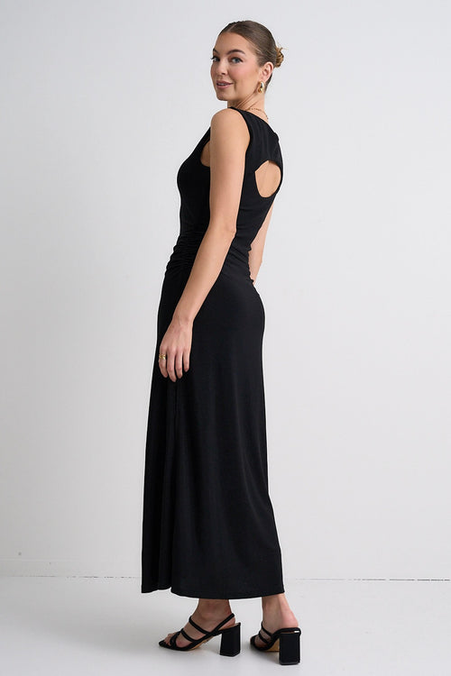 model wears a Black Shimmer Maxi Dress