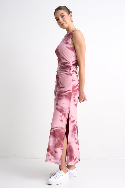 model wears a pink mesh maxi dress