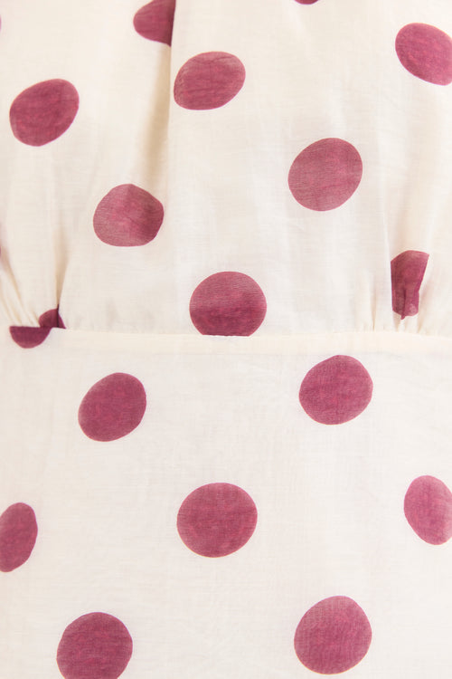 Close-up of a polka dot fabric with purple dots on a white background