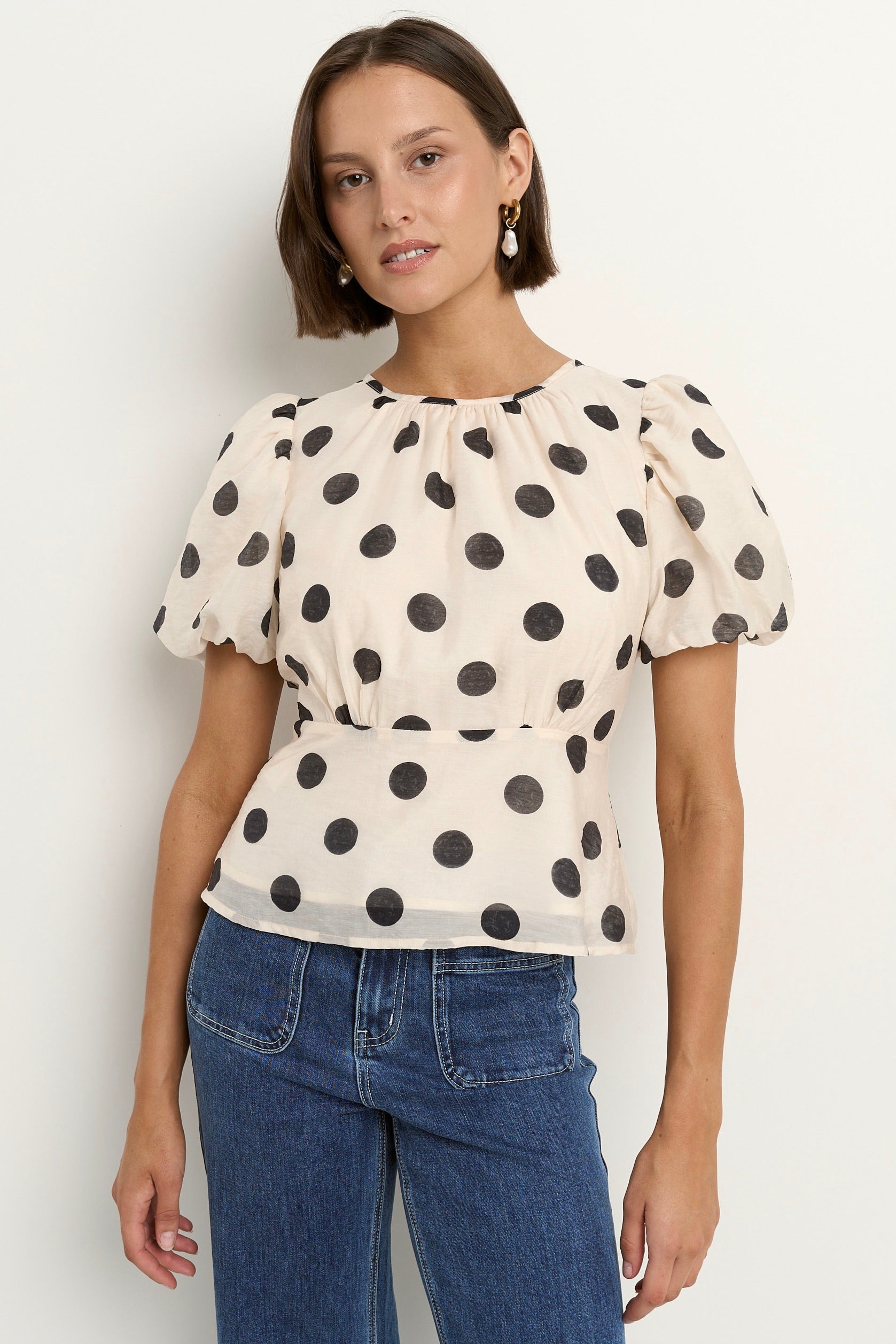 Shop Finali Cream Black Polka Dot Puff Short Sleeve Top | Flo & Franki