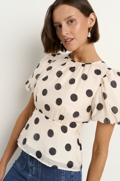 Woman wearing a cream short sleeve top with black polka dots, puff sleeves, and blue jeans.