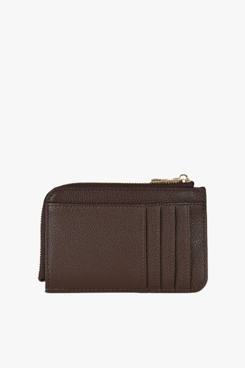 Chocolate brown pebbled vegan leather card holder with multiple card slots and a zippered coin pocket, shown front-facing on a white background.