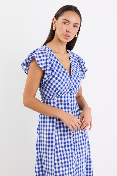 Shop Flawless Blue Gingham Cotton Fluted Sleeve Button Front Midi Dres Shop Flawless Blue Gingham Cotton Fluted Sleeve Button Front Midi Dres