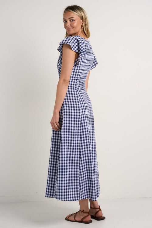 model wears Navy Gingham Cotton Midi Dress