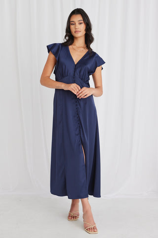 Flawless Navy Satin Flutter Sleeve Button Front Midi Dress WW Dress Among the Brave   