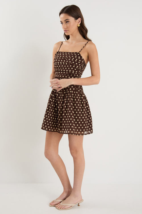 chocolate brown polka dot ruched mini dress