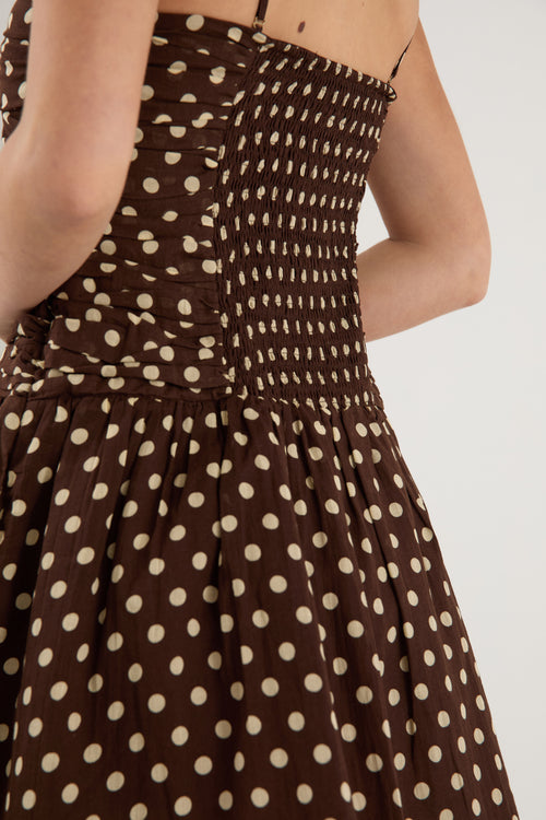 chocolate brown polka dot ruched mini dress