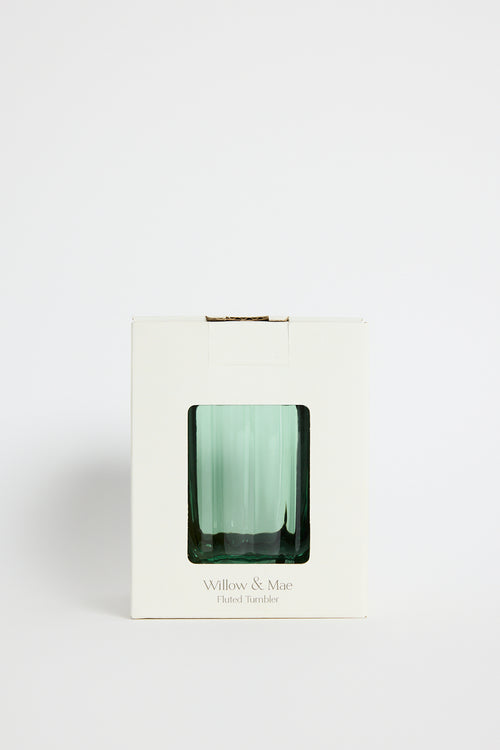 Green glass candle holder in a white box with 'Willow & Mac' branding on a white background