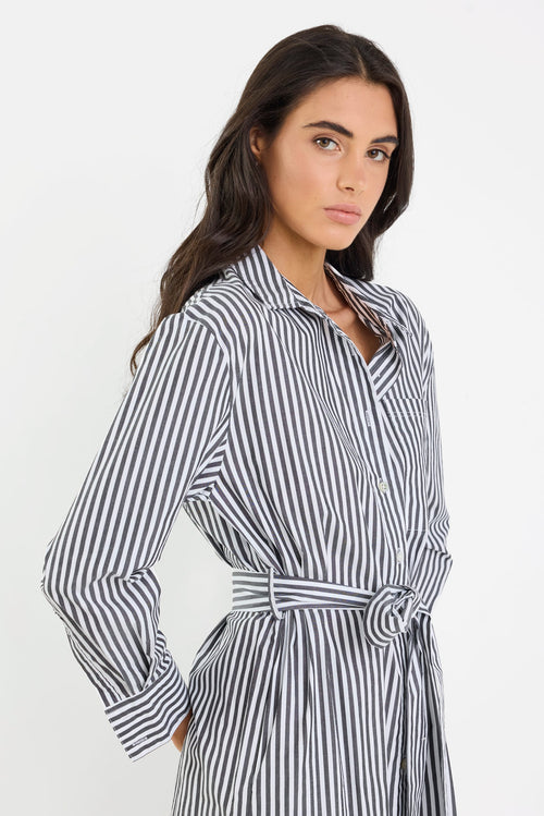 black and white striped shirt dress Shop Forward Black Stripe Cotton Midi Shirt Dress