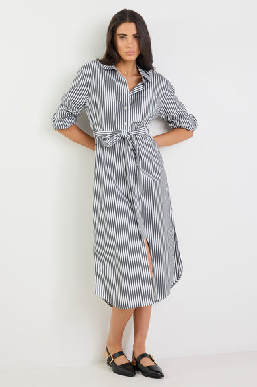 Forward Black Stripe Cotton Midi Shirt Dress