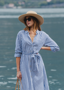 model wears blue stripe long sleeve shirt cotton midi dress