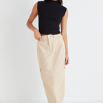 model wears a beige midi skirt