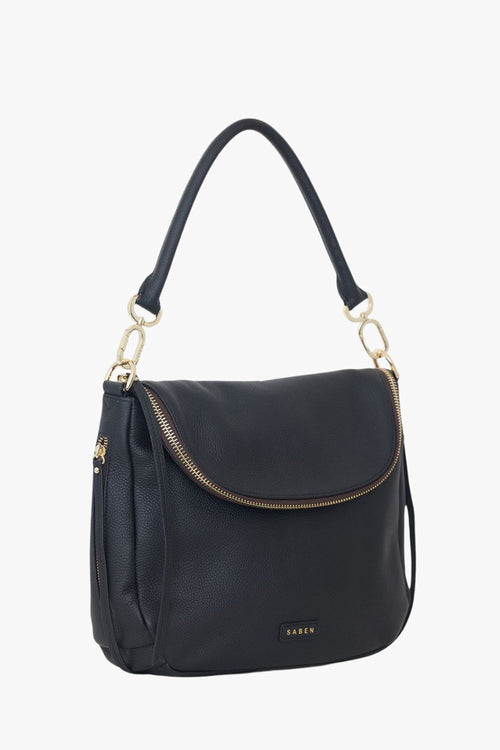 A black pebbled leather shoulder bag with a curved flap, gold-tone hardware, and a small 'SABEN' logo plaque on the front, shown against a plain white background.