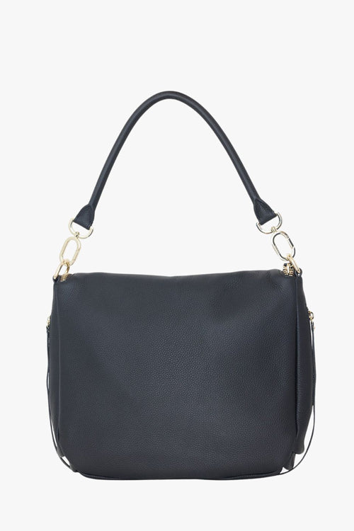 A black pebbled leather shoulder bag with gold-tone hardware, featuring a single top handle and a detachable shoulder strap, shown against a plain white background.