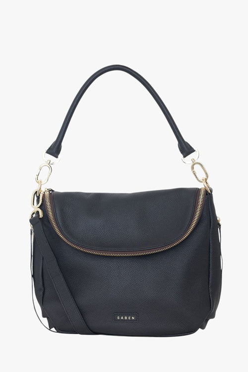 A black pebbled leather handbag with a curved top handle, gold-tone hardware, and a small gold 'SABEN' logo on the front, shown against a plain white background.