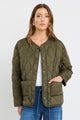 Frankly Khaki Boxy Snap Front Collarless Quilted Puffer Jacket