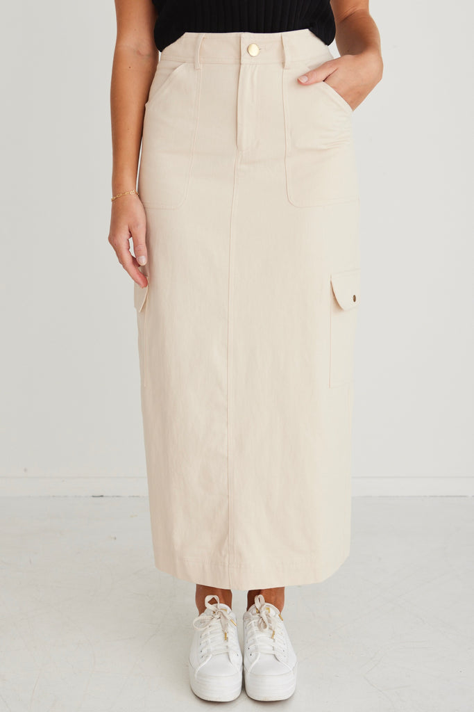 Shop Frank Ivory Cotton Utility Midi Skirt Online | Flo & Frankie