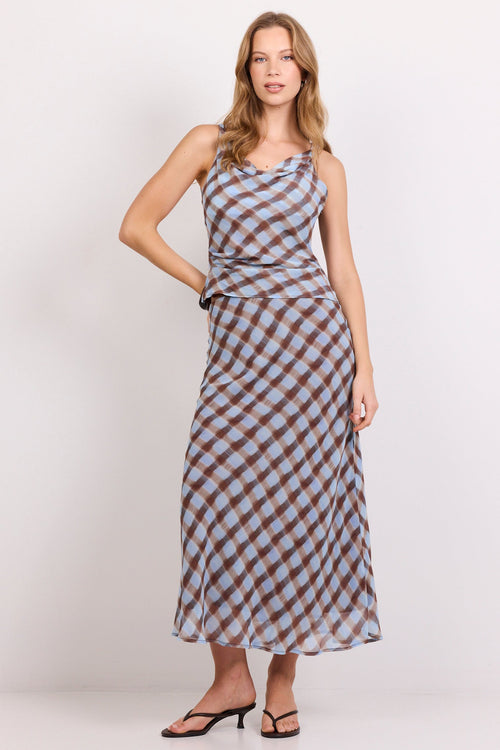 A woman modeling a sleeveless maxi dress with a brown and light blue gingham pattern, standing against a plain white studio background.
