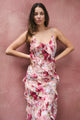 Galore Painted Rose Bias Ruffle Slip Maxi Dress
