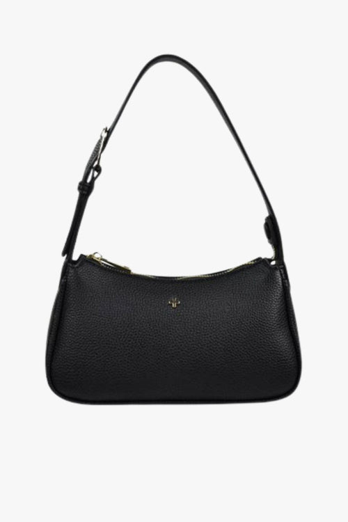 A small black vegan leather shoulder bag with a softly structured silhouette, featuring a grainy pebble texture, gold zip closure, and an adjustable black strap. The front is finished with a subtle gold cross logo, adding a touch of elegance.