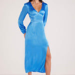 Gaia Blue LS Satin Maxi Dress