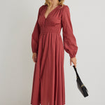 Gala Clay LS Button Front Tiered Maxi Dress