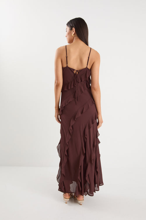 Shop Galore Chocolate Bias Ruffle Slip Maxi Dress | Flo & Frankie Shop Galore Chocolate Bias Ruffle Slip Maxi Dress | Flo & Frankie