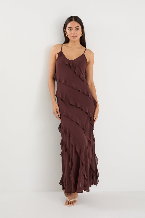 Shop Galore Chocolate Bias Ruffle Slip Maxi Dress | Flo & Frankie Shop Galore Chocolate Bias Ruffle Slip Maxi Dress | Flo & Frankie
