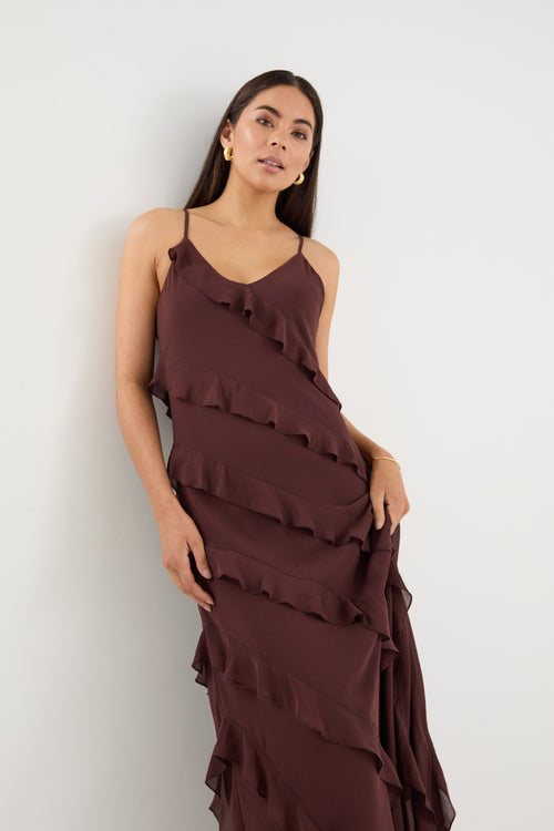 Shop Galore Chocolate Bias Ruffle Slip Maxi Dress | Flo & Frankie Shop Galore Chocolate Bias Ruffle Slip Maxi Dress | Flo & Frankie
