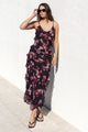 Galore Black Pink Abstract Print Bias Ruffle Slip Maxi Dress