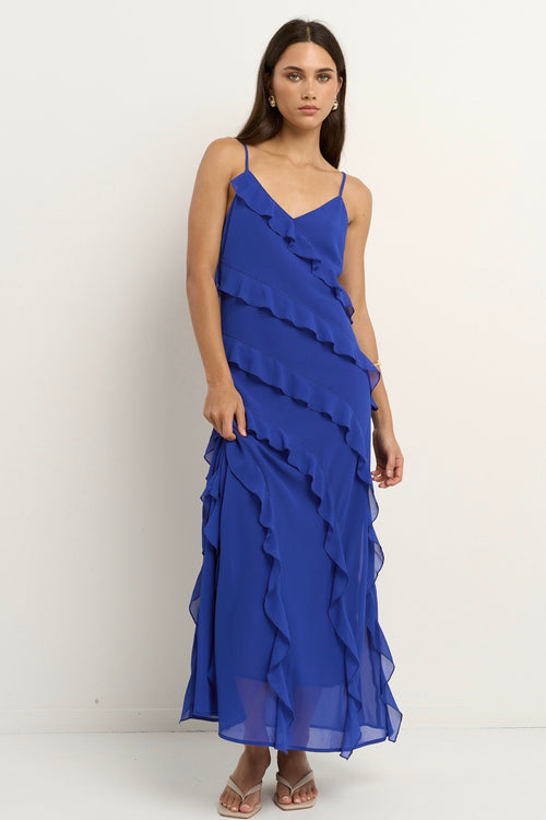 Shop Galore Electric Blue Bias Ruffle Slip Maxi Dress | Flo & Frankie Shop Galore Electric Blue Bias Ruffle Slip Maxi Dress | Flo & Frankie