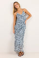 Galore Ice Blue Polka Dot Georgette Bias Ruffle Slip Maxi Dress