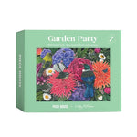 Garden Party jigsaw puzzle box by artist Candy McPherson, featuring a colorful floral and bird illustration on a mint green background.