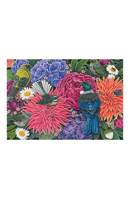 A rectangular art print featuring a dense, colorful illustration of tropical flowers and birds, including a prominent blue kiwi bird, pink and purple hydrangeas, and white daisies, shown against a plain white background.