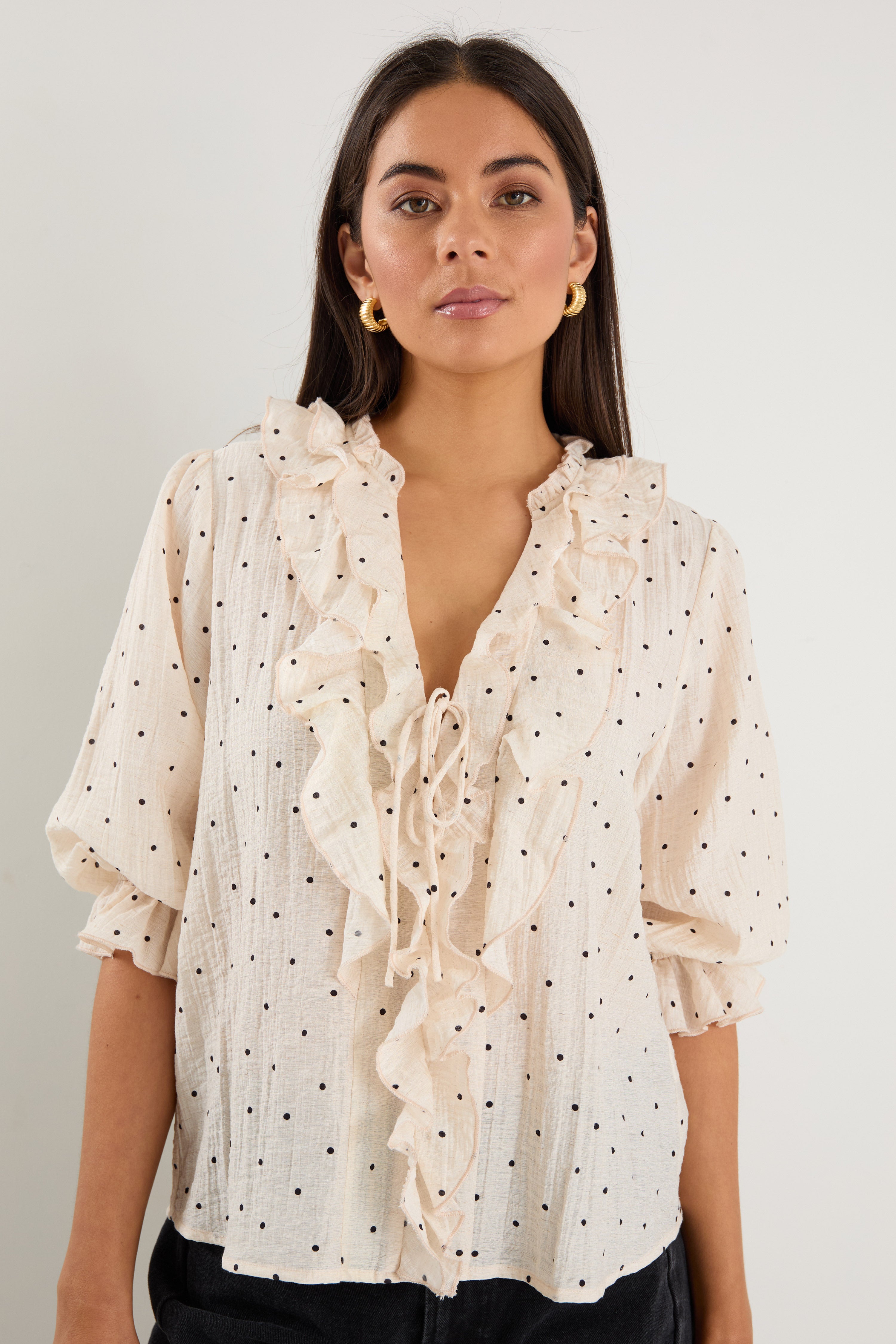 Shop Garnish Cream Black Polka Dot Frill Front Mid Sleeve Top | Flo &