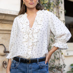 Garnish Cream Black Polka Dot Frill Front Mid Sleeve Top
