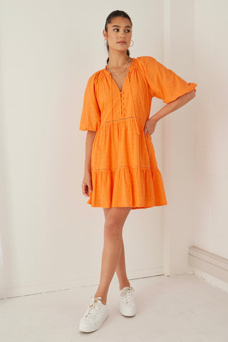 Gemini Orange Broiderie Balloon Sleeve Tiered Mini Dress WW Dress Among the Brave   
