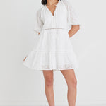 Gemini White Broiderie Balloon Sleeve Tiered Mini Dress WW Dress Among the Brave   