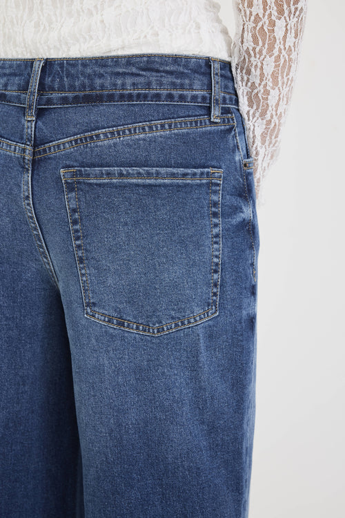 Close-up of blue jeans with a white lace garment in the background