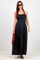 Glimmer Black Linen Blend Shirred Back Strappy Maxi Dress