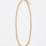 gold-plated brass chain necklace with round links, photographed flat on a white background.