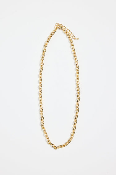 gold-plated brass chain necklace with round links, photographed flat on a white background.
