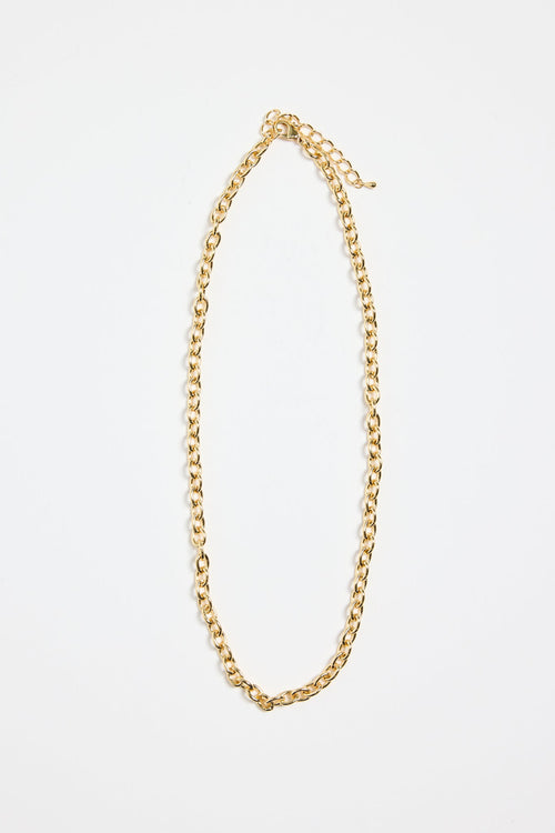 gold-plated brass chain necklace with round links, photographed flat on a white background.