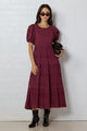 Graceful Burgundy Plum Shirred Cotton Bubble Short Sleeve Tiered Maxi Dress