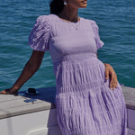 Graceful Lilac Shirred Cotton Bubble Sleeve Tiered Maxi Dress